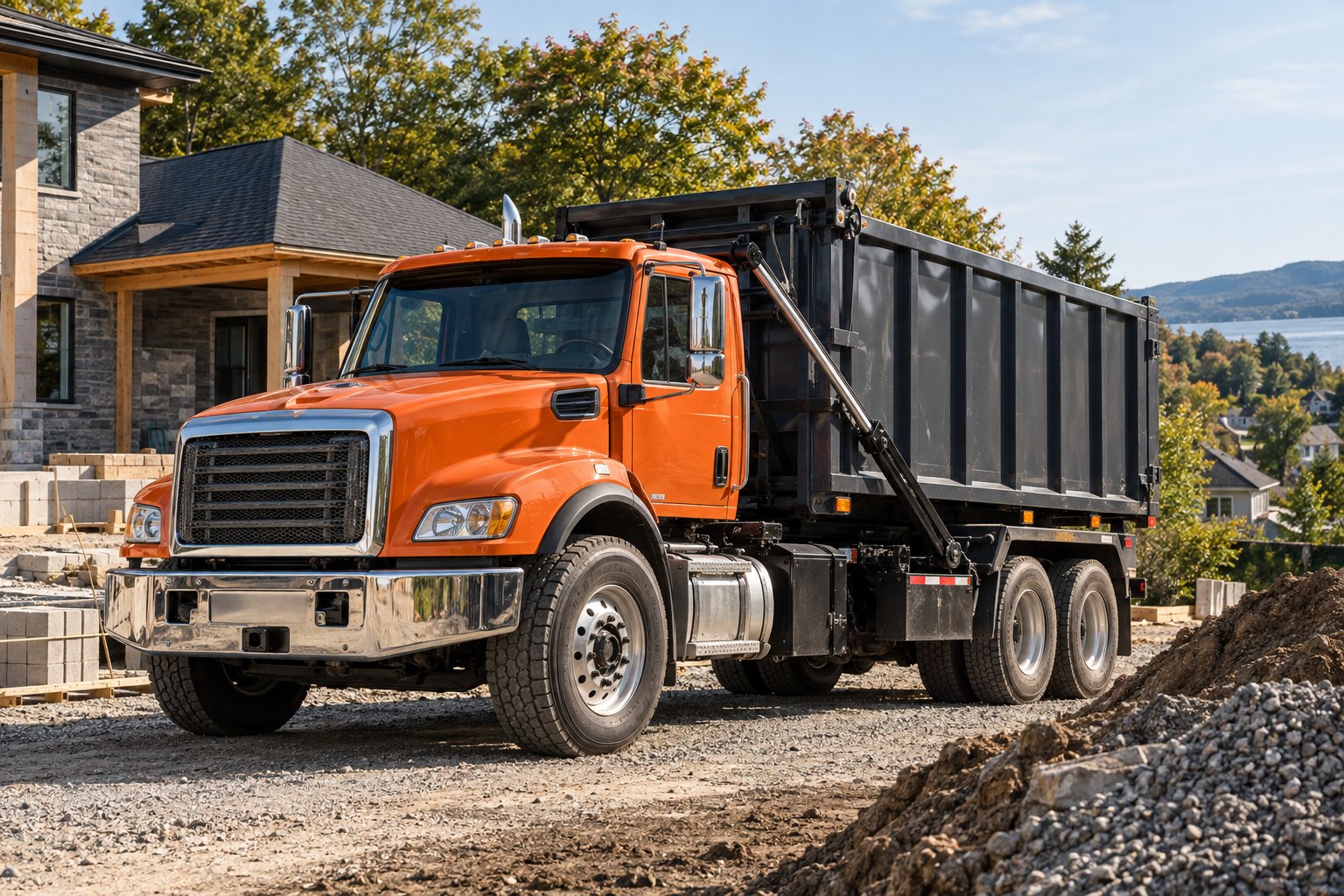 Camion orange avec conteneur sur une aire de chantier résidentiel